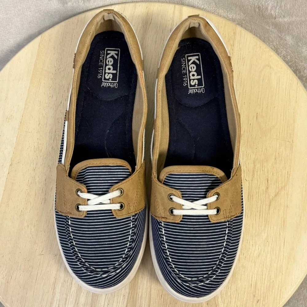 Keds Womens Ortholite Boat‎ Shoes Navy White Striped Loafers WF57107 Size 10